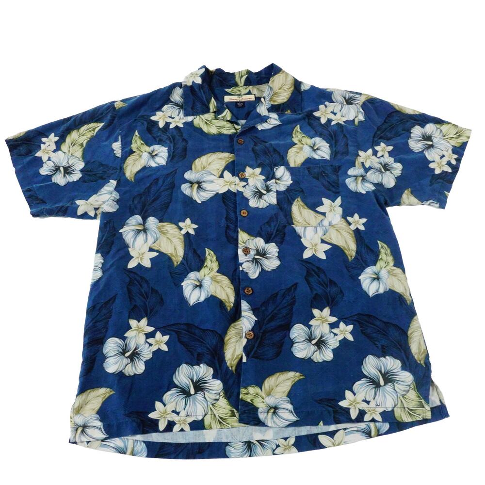 Tommy Bahama Floral Leaf Silk Hawaiian Tropical Button Up Camp Shirt Large
